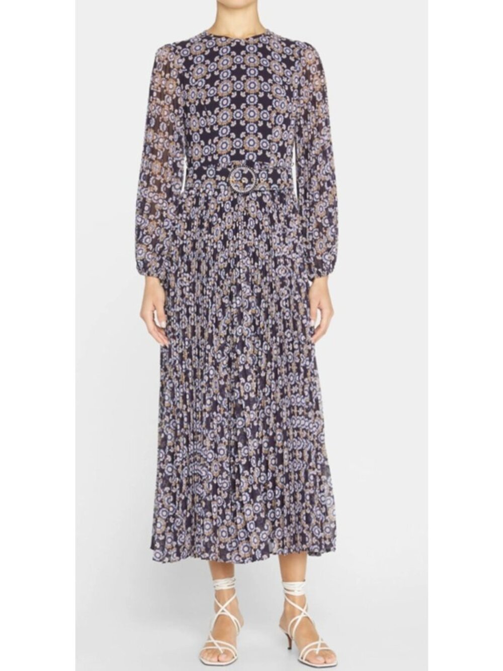 ZIMMERMANN Sunray Floral Pleated Midi Dress with Belt Navy Daisy Size 0 XS